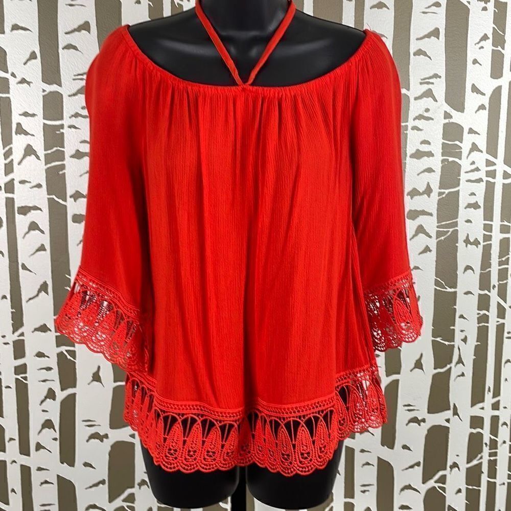 Cato Bright Orange Gauze Embroidered Lace Trim Tie Neck Top S